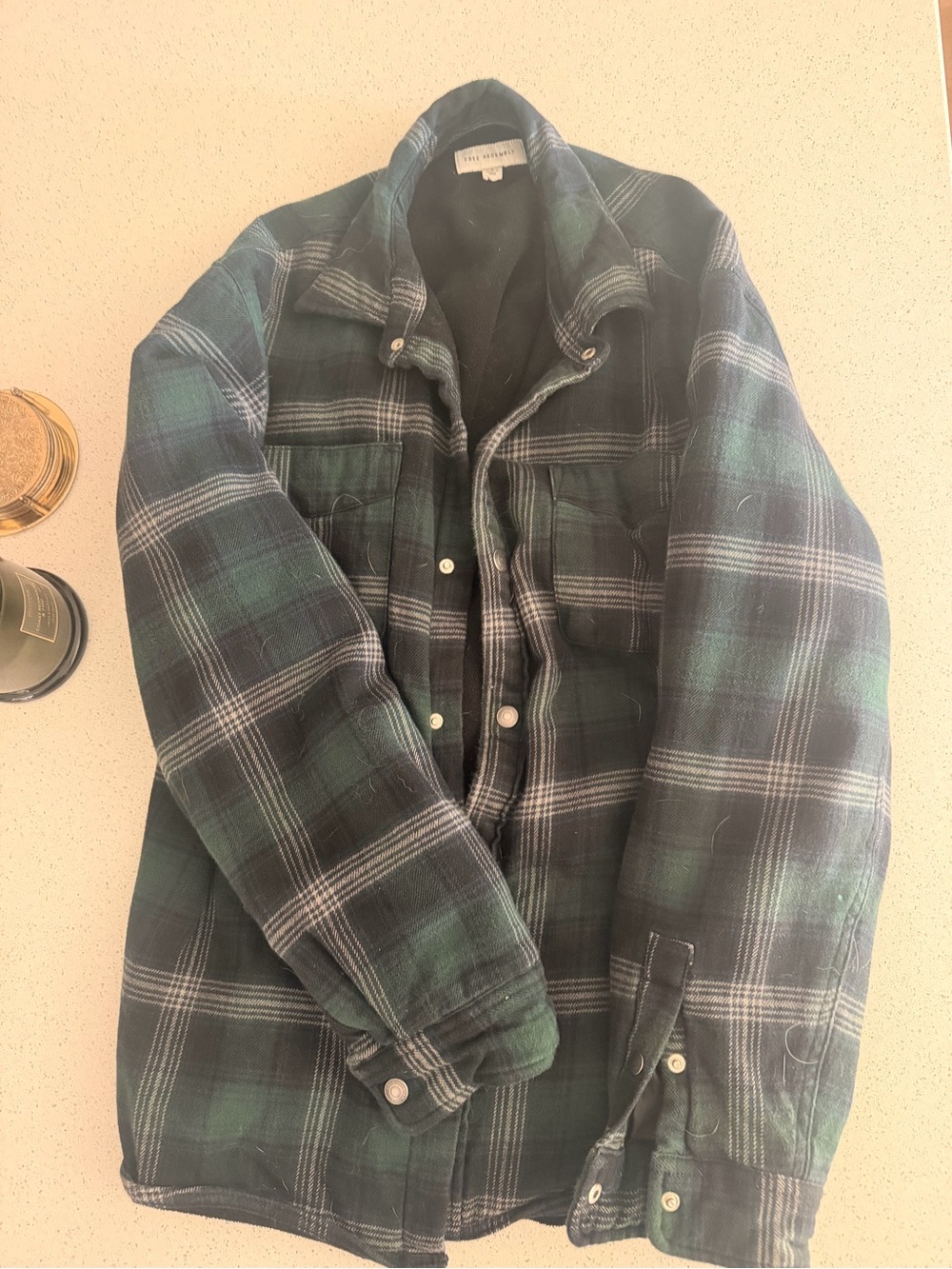 Free Assembly Plaid Flannel Shacket Green Navy Oversized Button Front L